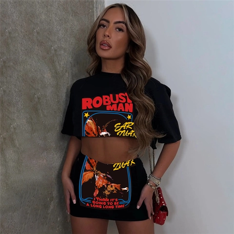 Ensemble Crop Top à Imprimé Graphique et Mini-Jupe Moulante pour Femmes Streetwear Slim Fit en Polyester et Élasthanne