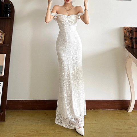 Damen Sexy Weiß Spitze Maxi Kleid Slim Fit Herz Ausschnitt Rüschen Träger Elegant Bodycon Lang Kleid Für Party Hochzeit Urlaub