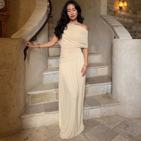 Women Elegant Slanted Neck Ruched Maxi Dress Summer Sleeveless Off Shoulder Solid Color Bodycon Long Dress Party Wedding