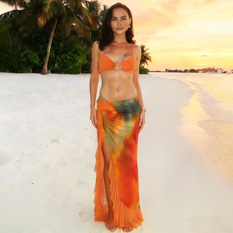 Sexy Oberteil Und Rock Set Damen Orange Bikini Herzring Tie-Dye Gradient Schlitz Rüschen Langer Rock Urlaub Strand Halter Outfit