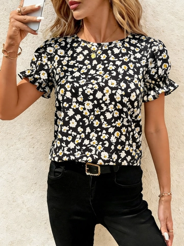 Women Daisy Floral Short Sleeve Puff Sleeve Blouse Ruffle Trim Round Neck Pullover Summer Fashion Sweet Casual Daily Top