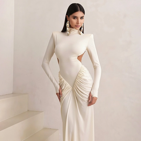 Women Sexy High Neck Long Sleeve Cut Out Ruched Maxi Dress Solid Color Backless Bodycon Evening Banquet Party Dress