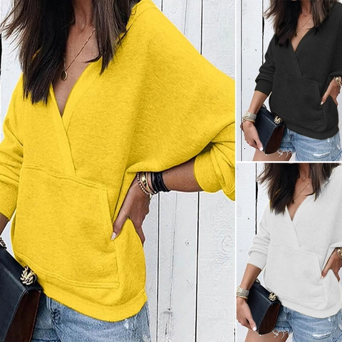Women's Casual V-Neck Long Sleeve Hoodie With Kangaroo Pocket Loose Polyester Pullover Sweatshirt Top For Daily Wear