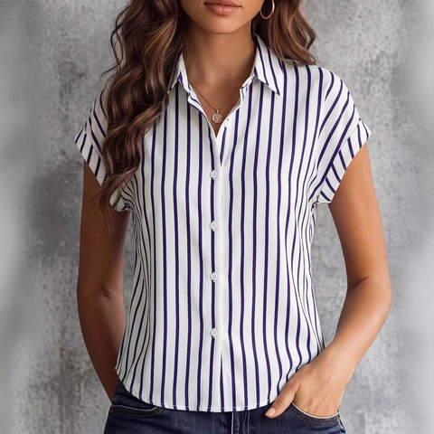 Camicia a Righe a Manica Corta Donna Estiva Moda Colletto a Revers Camicetta con Bottoni Casual Ufficio Pendolare Top Patchwork a Righe