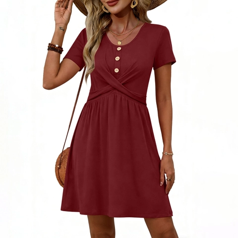 Women Summer Casual Short Sleeve A-Line Dress Solid Color Round Neck Button Decor Twist Front Waist Vacation Mini Dress