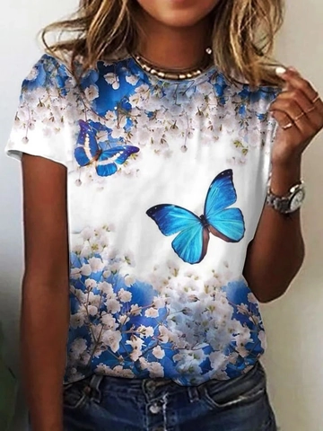 Damen Sommer Rundhals Kurzarm T-Shirt Schmetterling Blumenmuster Polyester Baumwollmischung Casual Oberteil