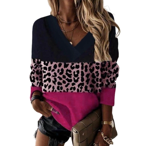 Felpa da Donna con Scollo a V Leopardata Patchwork Manica Lunga Moda Casual Color Block Pullover Top Autunno Inverno
