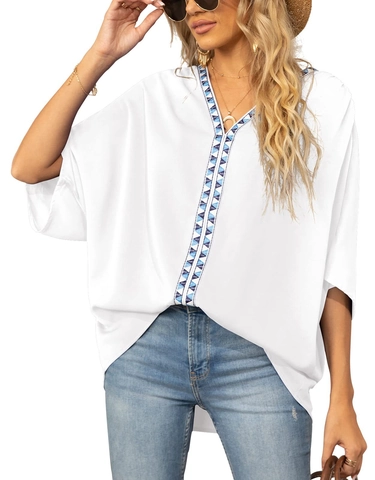 Women's Bohemian Chiffon V-Neck Blouse Batwing Sleeve Geometric Embroidery Loose Casual Summer Top Shirt
