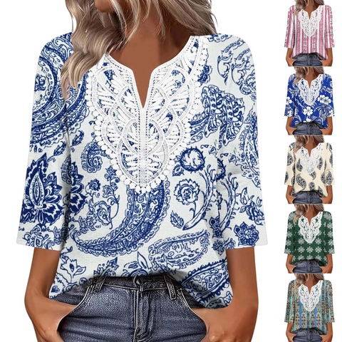 Women V-Neck Lace Patchwork Ethnic Print T-Shirt Loose Three Quarter Sleeve Bohemian Paisley Snowflake Casual Summer Top