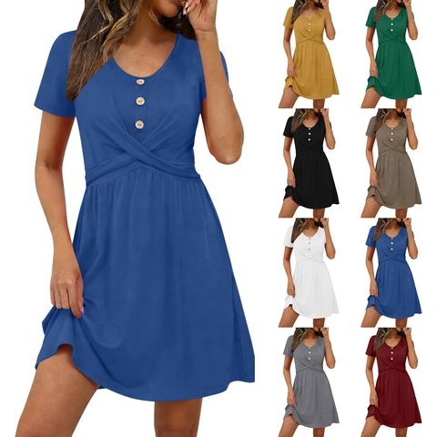 Women Summer Casual Short Sleeve A-Line Dress Solid Color Round Neck Button Decor Twist Front Waist Vacation Mini Dress
