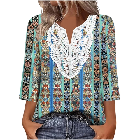 Women V-Neck Lace Patchwork Ethnic Print T-Shirt Loose Three Quarter Sleeve Bohemian Paisley Snowflake Casual Summer Top