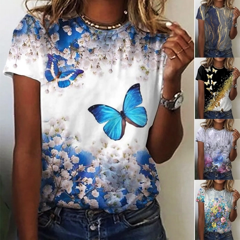 Damen Sommer Rundhals Kurzarm T-Shirt Schmetterling Blumenmuster Polyester Baumwollmischung Casual Oberteil