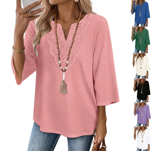 Γυναικείο Casual T-Shirt με Λαιμόκοψη V και Δαντέλα Patchwork Χαλαρή Μπλούζα με Μανίκι 3/4 Μονόχρωμη