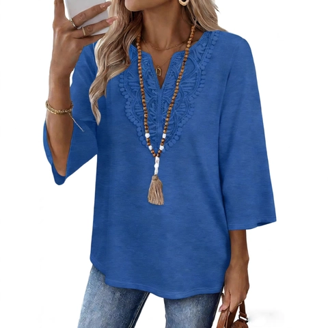 Γυναικείο Casual T-Shirt με Λαιμόκοψη V και Δαντέλα Patchwork Χαλαρή Μπλούζα με Μανίκι 3/4 Μονόχρωμη