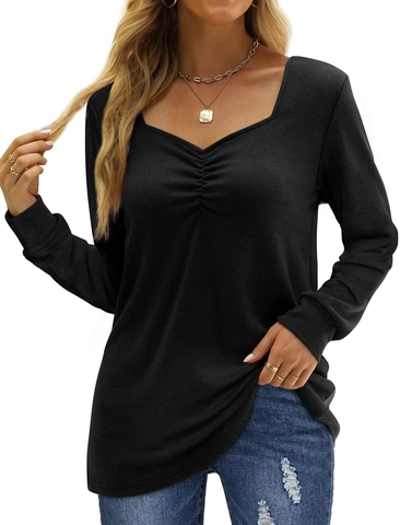 Women Elegant Ruched V Neck Long Sleeve T-Shirt Solid Color Casual Slim Fit Knit Top For Daily Wear Office Work Basic Tee
