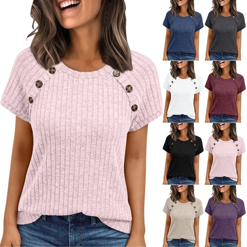 Women Slim Fit Ribbed Knit Short Sleeve T-Shirt Round Neck Button Decoration Summer Casual Pullover Knitwear Tops