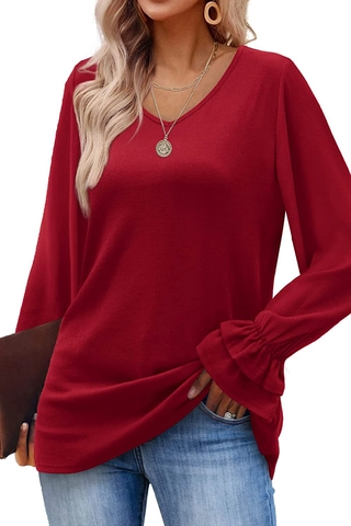 Women's Casual Cotton Blend Long Sleeve T-Shirt Elegant V-Neck Ruffle Cuff Bell Sleeve Solid Color Tops Daily Outerwear