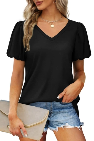 Women V Neck Puff Sleeve T-Shirt Casual Slim Fit Solid Color Short Sleeve Top Summer Cotton Blend Tee