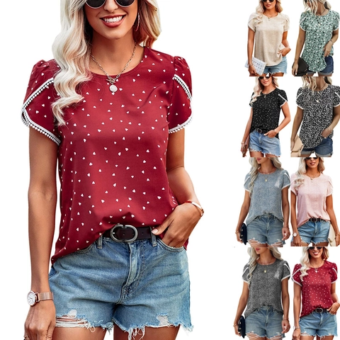 Elegantes Damen Polka Dot Spitzen Patchwork T-Shirt Kurzarm Rundhals Slim Fit Bedrucktes Lässiges Pendler Sommer Top Damen