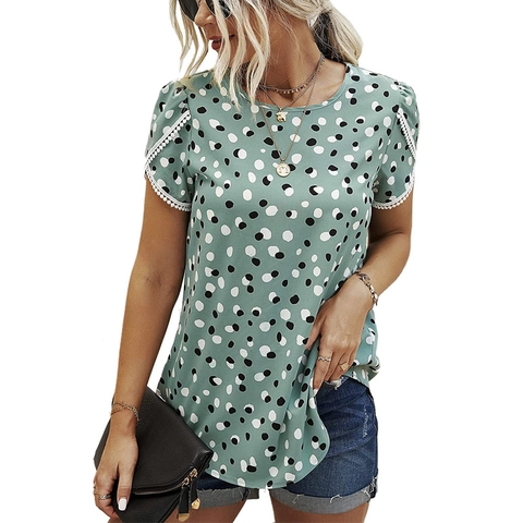 Elegantes Damen Polka Dot Spitzen Patchwork T-Shirt Kurzarm Rundhals Slim Fit Bedrucktes Lässiges Pendler Sommer Top Damen