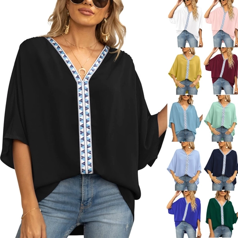 Women's Bohemian Chiffon V-Neck Blouse Batwing Sleeve Geometric Embroidery Loose Casual Summer Top Shirt
