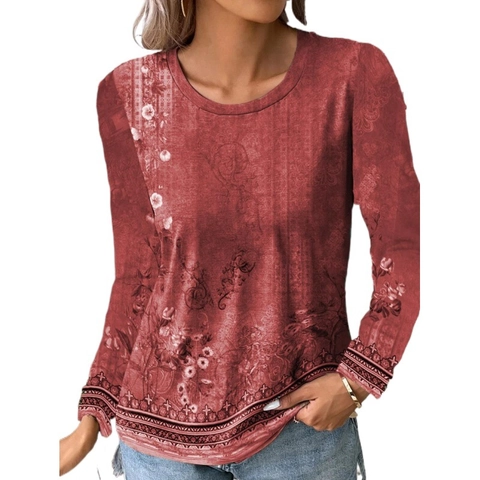 T-Shirt à Manches Longues pour Femmes Imprimé Floral Paysage Vintage Col Rond Décontracté Coupe Ajustée Style Ethnique