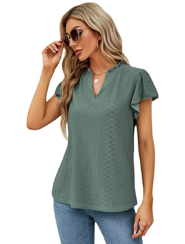 Γυναικείο T-Shirt με Λαιμόκοψη V και Μανίκια Πεταλούδα Μονόχρωμο Ζακάρ Κέντημα με Τρύπες Καλοκαιρινό Casual Πολυεστέρας Slim Fit