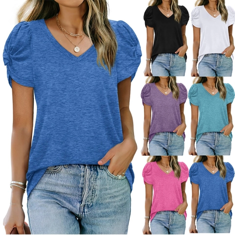 Camiseta Informal con Cuello en V para Mujer Color Sólido Manga Corta Mangas Abullonadas Trenzadas Mezcla de Algodón