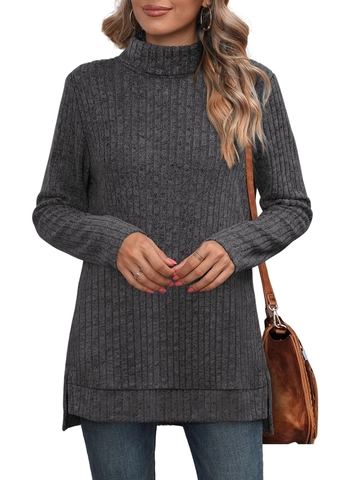 Damen Casual Rippstrick Rollkragen Langarm T-Shirt Seitenschlitz Locker Mittellang Pullover Oberteil Für Herbst Winter