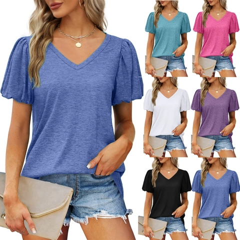 Women V Neck Puff Sleeve T-Shirt Casual Slim Fit Solid Color Short Sleeve Top Summer Cotton Blend Tee