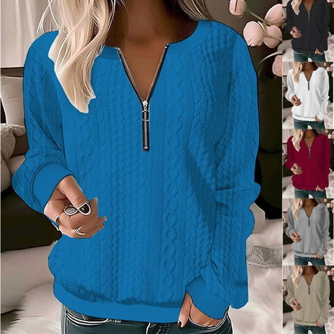 Sudadera Casual para Mujer con Cuello en V Cremallera Tejido de Ocho Jersey de Manga Larga Color Sólido Otoño Invierno Top Holgado