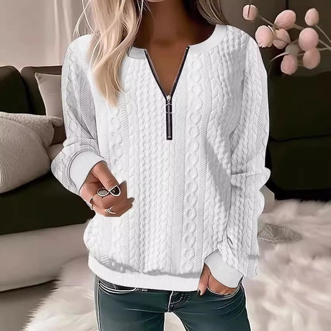 Sudadera Casual para Mujer con Cuello en V Cremallera Tejido de Ocho Jersey de Manga Larga Color Sólido Otoño Invierno Top Holgado