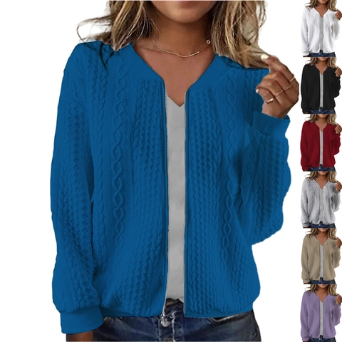 Women Casual Cable Knit Zipper Hoodie Stand Collar Long Sleeve Solid Color Warm Knitting Jacket Outerwear Cardigan Top