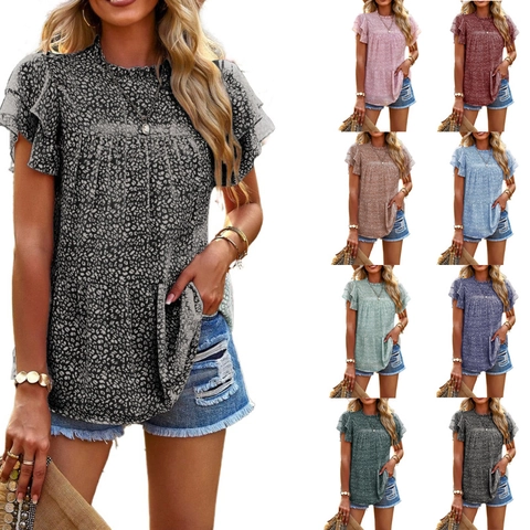 Camicetta da Donna in Chiffon Casual a Pois Manica a Farfalla Top con Volant Collo Alto Orlo Peplo Moda Estiva Elegante