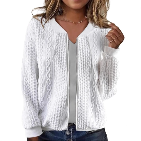 Women Casual Cable Knit Zipper Hoodie Stand Collar Long Sleeve Solid Color Warm Knitting Jacket Outerwear Cardigan Top