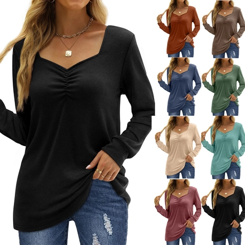 Women Elegant Ruched V Neck Long Sleeve T-Shirt Solid Color Casual Slim Fit Knit Top For Daily Wear Office Work Basic Tee