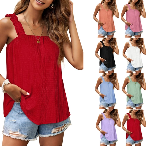 Women Smocked Ruffle Strap Tank Top Square Neck Solid Color Loose Summer Camisole Streetwear Casual Sleeveless Top