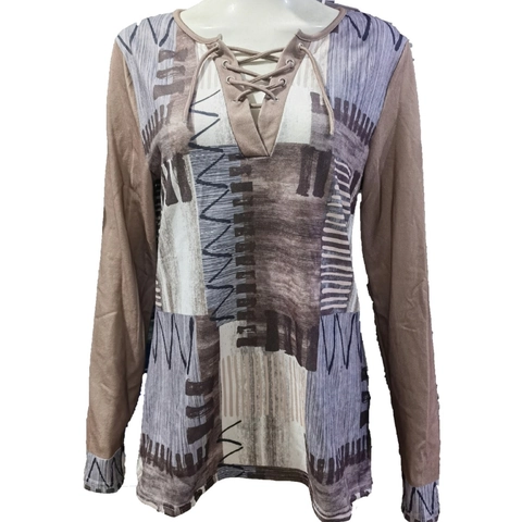 Dames V-hals Vetersluiting Geometrische Print Lange Mouw T-shirt Etnisch Vintage Tribal Patroon Polyester Pullover Tops