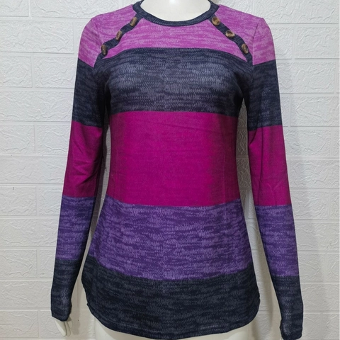 T-Shirt à Manches Longues à Rayures Color Block pour Femme Col Rond Haut avec Boutons sur l'Épaule Polyester Doux Automne