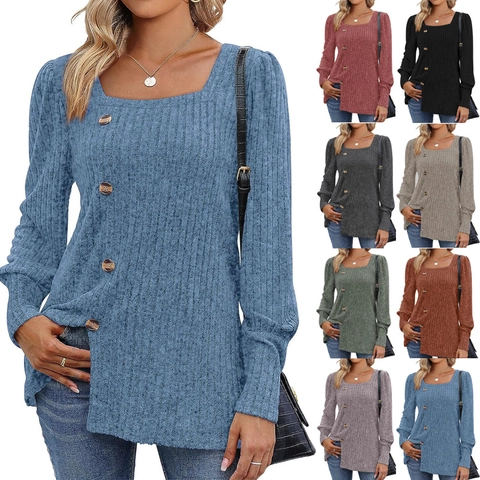 Women's Casual Long Sleeve Square Neck Button Decor Ribbed Knit T-Shirt Solid Color Slim Fit Fashion Pullover Fall Top