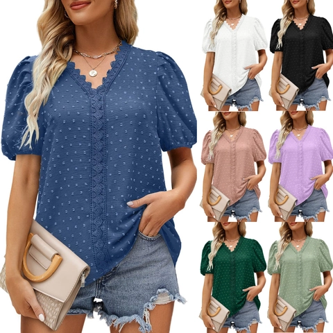 Damen Sommer Casual V-Ausschnitt Spitzen Patchwork Swiss Dot Bluse Retro Puff Kurzarm Top Elegante Pullover Hemd