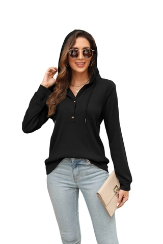 Women Casual Waffle Knit Hooded T-Shirt Long Sleeve Henley Neck Drawstring Top Solid Color Autumn Winter Regular Fit Tops