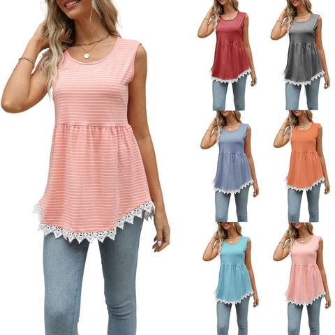 Damen Gestreiftes Schößchen Tanktop Casual Ärmellos Rundhals Shirt Mit Breitem Spitzenbesatz Saum Sommer Mode Top
