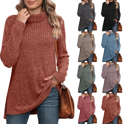 Damen Casual Rippstrick Rollkragen Langarm T-Shirt Seitenschlitz Locker Mittellang Pullover Oberteil Für Herbst Winter