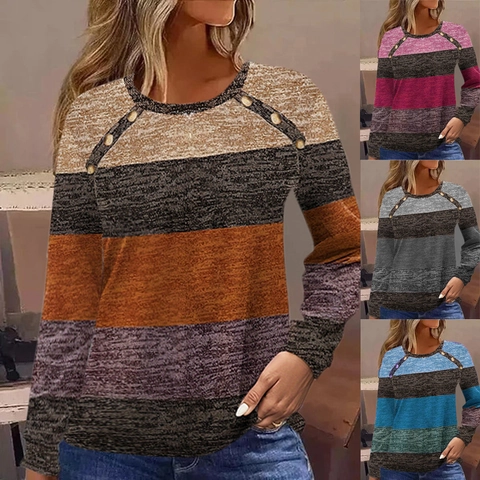 Women Casual Striped Color Block T-Shirt Round Neck Long Sleeve Top With Decorative Shoulder Buttons Loose Fall Knitwear
