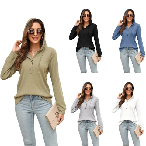 Women Casual Waffle Knit Hooded T-Shirt Long Sleeve Henley Neck Drawstring Top Solid Color Autumn Winter Regular Fit Tops
