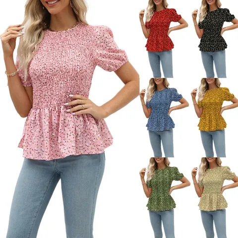 Women Summer Floral Smocked Peplum Top Puff Short Sleeve Round Neck Casual Blouse Elegant Floral Print Shirt Fashion Top