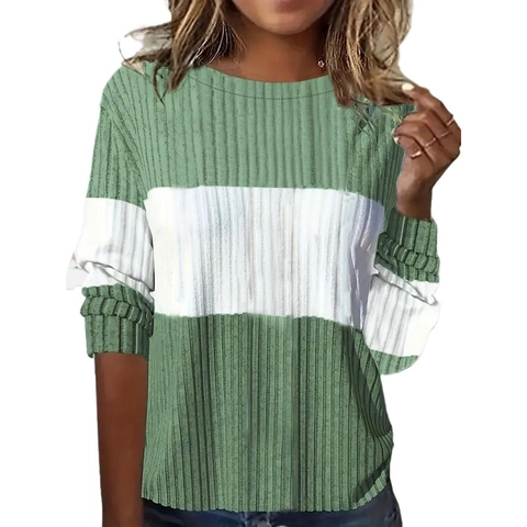 Women's Casual Ribbed Knit Long Sleeve T-Shirt Color Block Spliced Crew Neck Pullover Top Autumn Winter Fashion Clothing