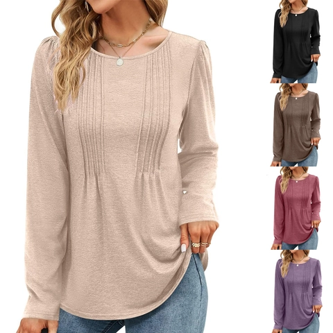 Camiseta Casual de Cuello Redondo y Manga Larga para Mujer Elegante Top de Alforzas Color Sólido Jersey de Punto Básico de Otoño Invierno