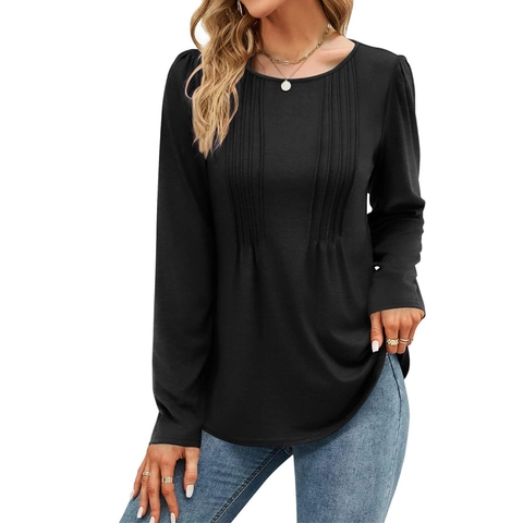 Camiseta Casual de Cuello Redondo y Manga Larga para Mujer Elegante Top de Alforzas Color Sólido Jersey de Punto Básico de Otoño Invierno
